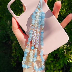 Aquamarine & Pearl Beaded Phone Charm: Healing Crystal, Evil Eye, Personalized