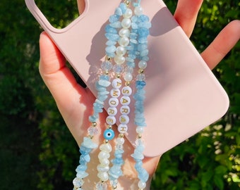 Aquamarine Phone Strap, Customizable Healing Crystal Phone Chain, Pearl Beaded Phone Charm, Evil Eye Phone Strap, Personalized Phone Strap