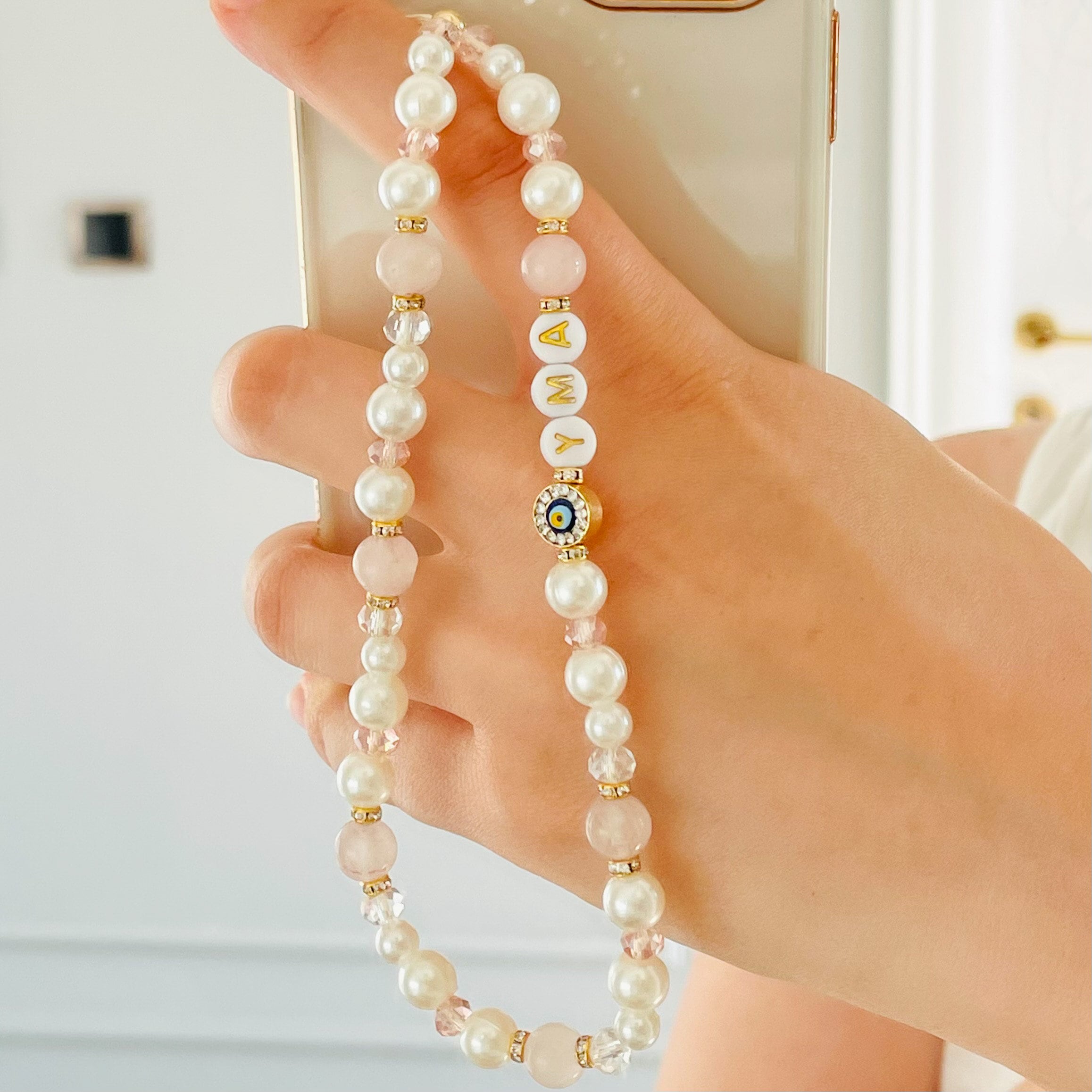 Rose Quartz Gemstone Phone Strap, Healing Crystal Beads Phone Charm, Evil Eye Personalized Phone Strap, Pearl Beaded Phone Chain, Wrist