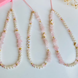 Rozenkwarts telefoonriem, helende kristal edelsteen telefoonketting, kralen telefoonbedel, aanpasbare telefoonriem, kralen telefoon accessoire sieraden