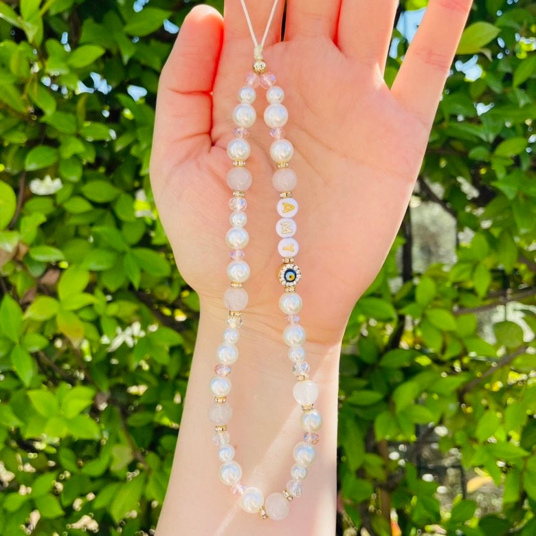 Rose Quartz Gemstone Phone Strap, Healing Crystal Beads Phone Charm, Evil Eye Personalized Phone Strap, Pearl Beaded Phone Chain, Wrist