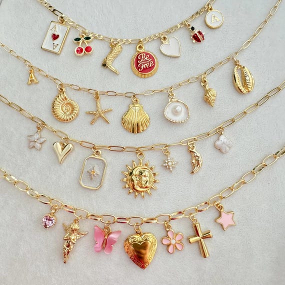 Custom Charm Necklace with Selectable Charms, Gold Multi Charm Necklace, Vintage Style Chunky Necklace, Personalized Jewelry Gift for Her