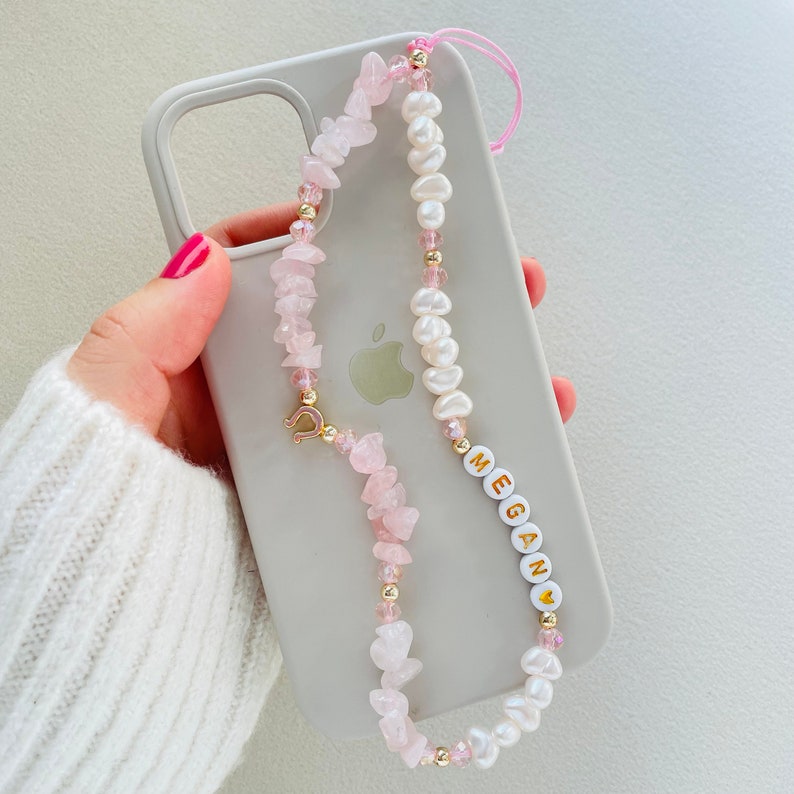 Rose Quartz Gemstone Phone Strap, Healing Crystal Beads Phone Charm, Evil Eye Pearl Personalized Phone Strap Chain, Christmas Gift for Her image 3