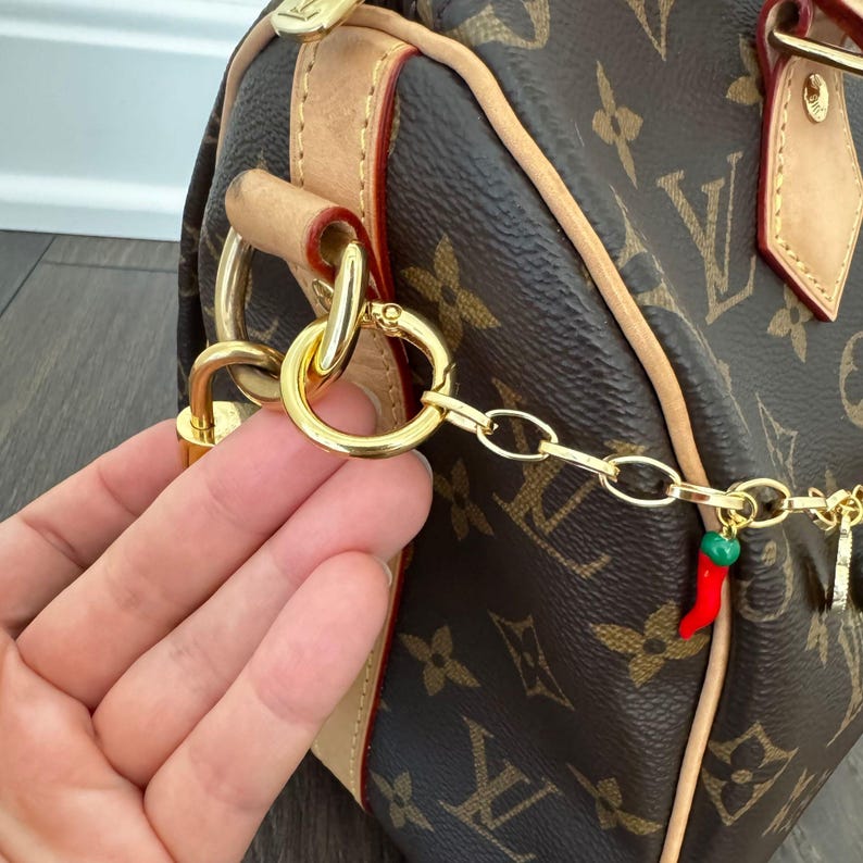 May include: A brown handbag with a repeating monogram pattern, featuring light tan leather trim, gold-tone metal hardware, and a decorative gold chain attachment adorned with a small red and green chili pepper charm.