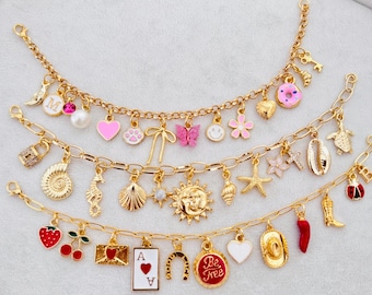Personalized Gold Charm Bracelet: Custom Initial, Vintage Chunky Charms