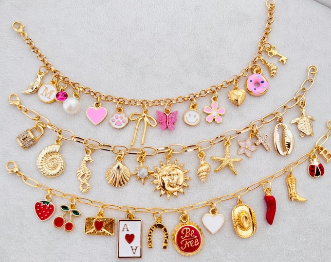 Personalized Gold Charm Bracelet: Custom Initial, Vintage Chunky Charms