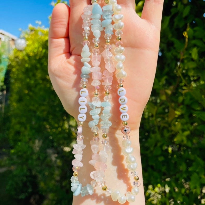 Self Love Happiness Healing Crystals, Rose Quartz Aquamarine Gemstone Phone Strap, Beaded Phone Charm, Personalized Phone Chain, Mom Gift image 2