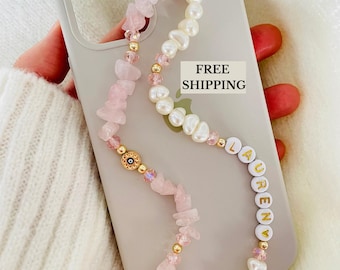 Dragonne pour téléphone avec pierres précieuses en quartz rose, breloque pour téléphone perles de cristal de guérison, chaîne de sangle de téléphone personnalisée perle mauvais œil, cadeau de Noël pour elle