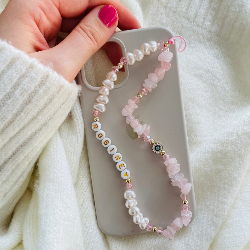 Rose Quartz Gemstone Phone Strap, Healing Crystal Beads Phone Charm, Evil Eye Pearl Personalized Phone Strap Chain, Christmas Gift for Her image 10