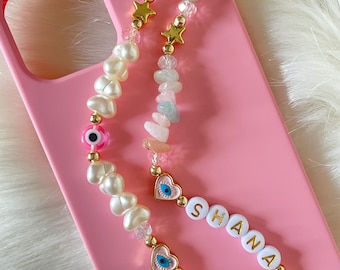 Personalized Gemstone Phone Strap, Customizable Pearl Beaded Phone Charm, Crystal Phone Wristlet Chain, Phone Jewelry, Christmas Gifts