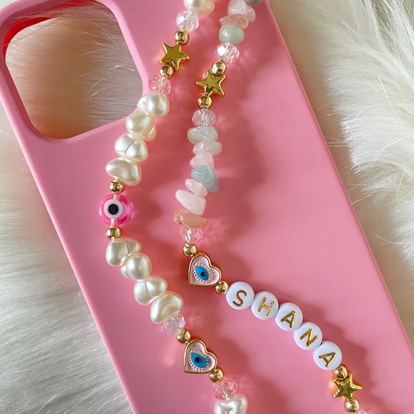 Personalized Gemstone Phone Strap, Customizable Pearl Beaded Phone Charm, Crystal Phone Wristlet Chain, Phone Jewelry, Christmas Gifts