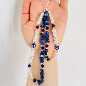 Lapis Lazuli Beaded Phone Strap Healing Crystals Gemstone Phone Charm Natural Stone Cell Phone Chain Evil Eye Pearl Phone Lanyard Jewelry