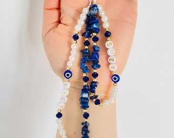 Lapis Lazuli Beaded Phone Strap Healing Crystals Gemstone Phone Charm Natural Stone Cell Phone Chain Evil Eye Pearl Phone Lanyard Jewelry