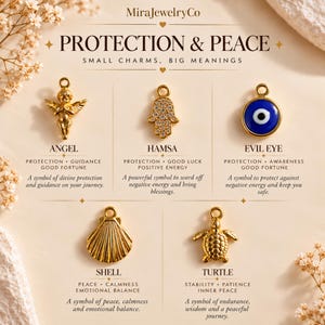 May include: A collection of five gold-toned metal charms featuring an angel, a hamsa hand with embedded stones, a blue and white evil eye, a seashell, and a turtle. The text reads MiraJewelryCo, PROTECTION & PEACE, and SMALL CHARMS, BIG MEANINGS.
