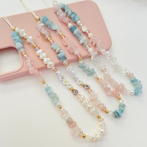 Self Love Happiness Healing Crystals, Rose Quartz Aquamarine Gemstone Phone Strap, Beaded Phone Charm, Personalized Phone Chain, Mom Gift image 3