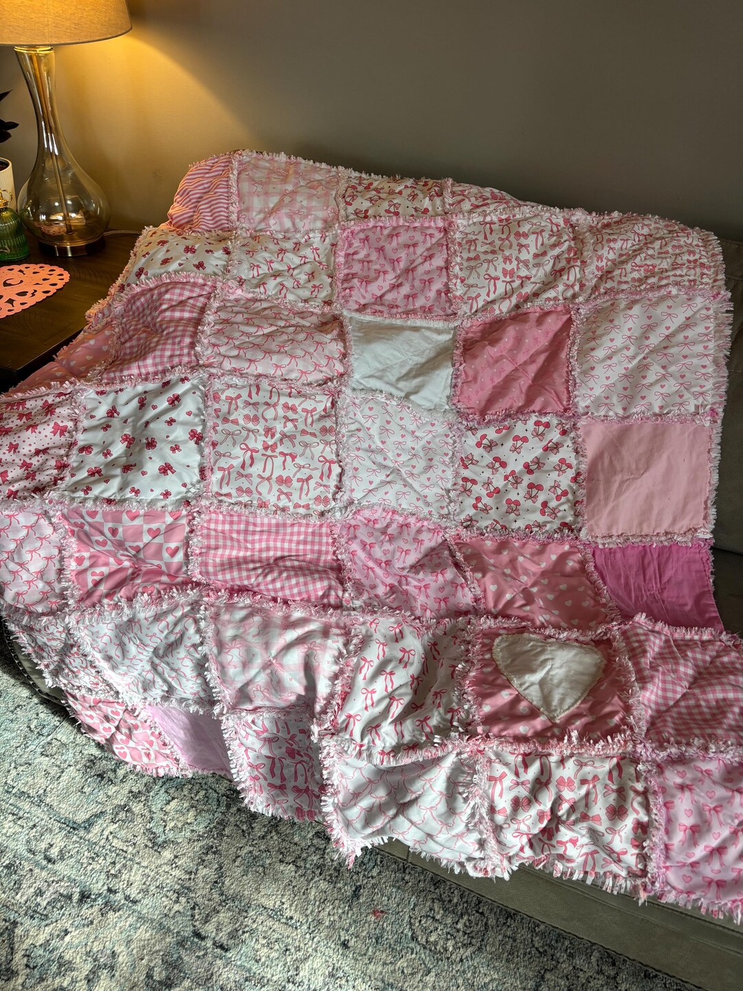 Pink Rag Quilts Pink Bow Heart Rag Quilt - Etsy