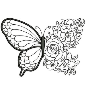 May include: A black and white line drawing of a butterfly with its wings spread out. The butterfly is surrounded by flowers.