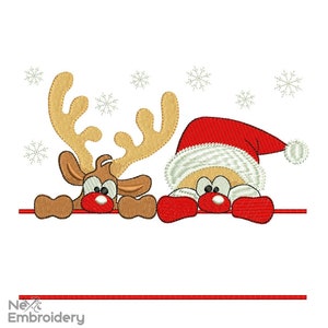 May include: A red and brown reindeer and a red and white Santa Claus peeking over a red line. Both have big eyes and red noses. There are white snowflakes in the background.
