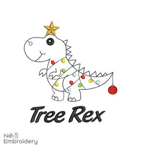 May include: A white cartoon dinosaur with a gold star on its head is decorated with colorful Christmas lights and a red ornament. The text "Tree Rex" is below the dinosaur.