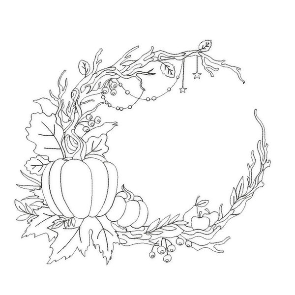 Fall Wreath Embroidery Design. Autumn Line Art Wreath. 6 sizes. Instant Download