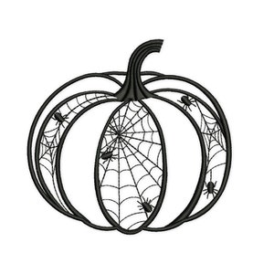 Pode incluir: Ilustração em preto e branco de uma abóbora com um desenho de teia de aranha e cinco aranhas.