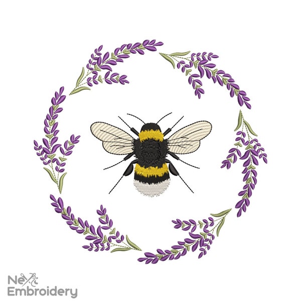 Levander Bee Embroidery Design, Spring wreath design, Instant Download