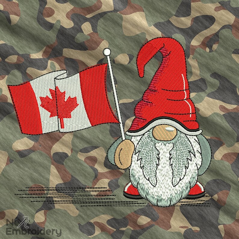 May include: A red and white Canadian flag held by a gnome wearing a red hat and a white beard. The gnome is standing on a camouflage background.