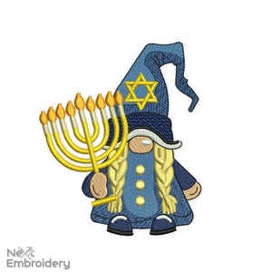 Motif de broderie gnome fille de Hanoukka. Gnome juif avec motif de broderie menorah, téléchargement immédiat