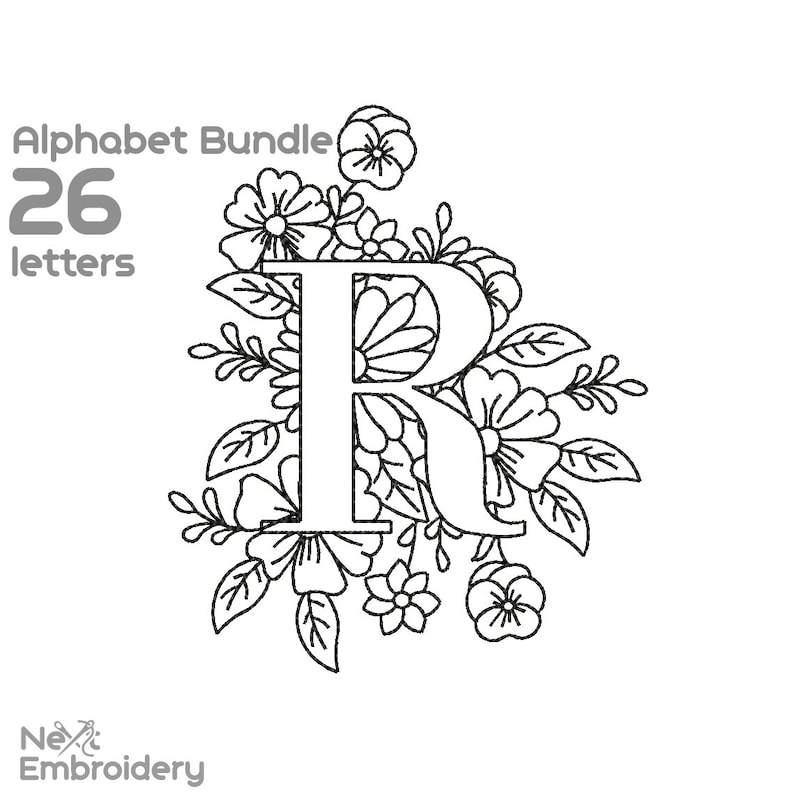 Floral Alphabet Embroidery Design, Letter Embroidery Design with Flowers, Floral Monogram, Instant Download image 9