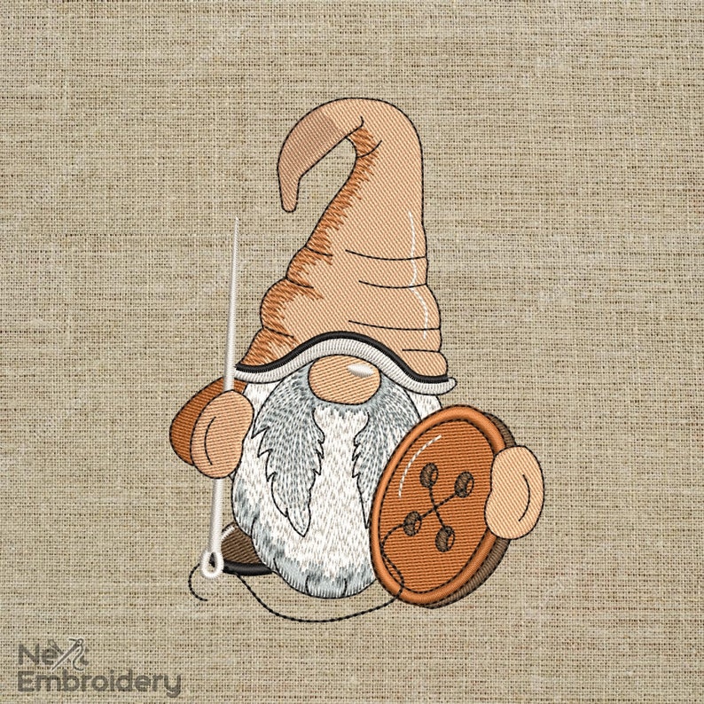 May include: Embroidered gnome with a brown hat, white beard, and a large brown button in its hand.