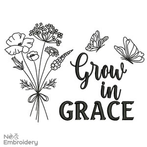 Könnte beinhalten: Schwarzweißes Stickmuster mit einem Blumenstrauß, zwei Schmetterlingen und dem Text "Grow in Grace".