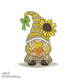 Sunflower Gnome Embroidery Designs, Summer Embroidery Design, Flower Girl Woman Gnome Machine Embroidery File, Plant Embroidery
