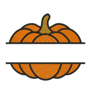 May include: A split monogram design featuring a pumpkin with a black outline and orange segments. The pumpkin is split in half horizontally with a blank space in the middle for a name or initials.