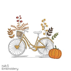 May include: An embroidered design of a gold bicycle with a heart-shaped wheel, a basket of flowers, and an orange pumpkin. The bicycle is decorated with flowers. The design is on a white background.