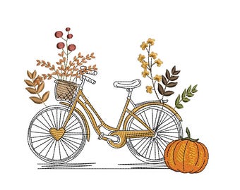 Fall Bicycle Embroidery Design, Pumpkin, Sunflower (Instant Download)