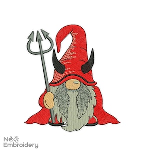 May include: A red gnome with a pointed hat, horns, and a beard, holding a silver trident. The gnome is wearing a red cape and black boots.