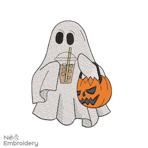 Ghost with Iced Coffee Embroidery Design. Halloween Ghost Embroidery Design, Boo Embroidery, Machine Embroidery Files,