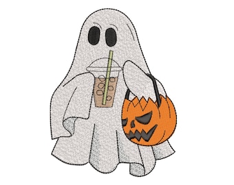 Halloween Ghost with Iced Coffee Embroidery Design (Instant Download)