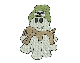 May include: Embroidered design of a friendly ghost wearing a green beanie with a bat emblem, holding a brown dog. The ghost has black eyes and a smiling mouth. The design is on a white background.