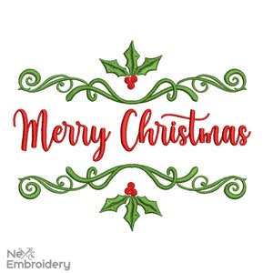 May include: Embroidered design featuring the text "Merry Christmas" in red cursive font, with green holly leaves and red berries above and below the text.