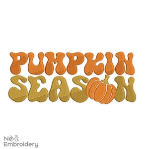 May include: Embroidered design featuring the text "Pumpkin Season" in a retro font. The word "Pumpkin" is in orange and the word "Season" is in gold. A small orange pumpkin is centered between the words.