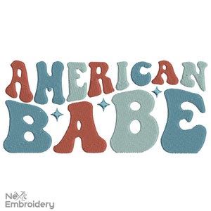 May include: Embroidered design of the text "AMERICAN BABE" in a retro style. The letters are in shades of red, blue, and white.