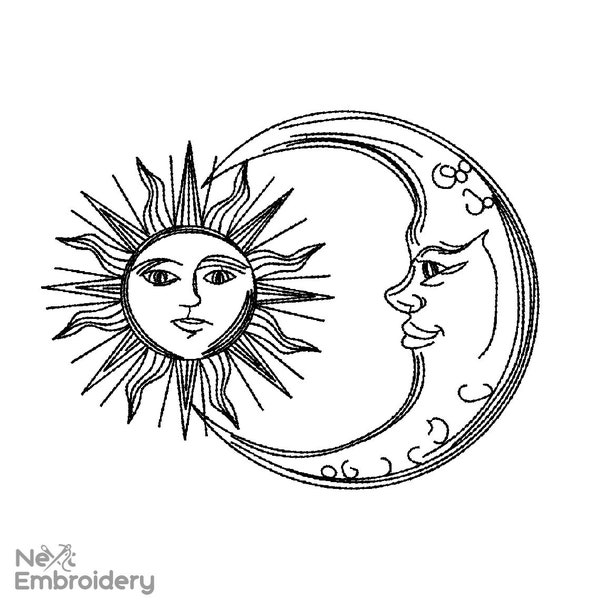 Sun and moon embroidery design, Aesthetic Machine embroidery file, Instant Download