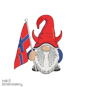 May include: Embroidered design of a gnome wearing a red hat with horns and holding a red, white, and blue flag.