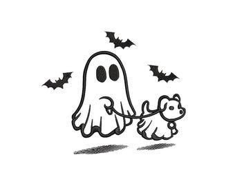 Halloween Ghost with Dog Embroidery Design, Witch Hat, Cauldron, Spiderweb (Instant Download)