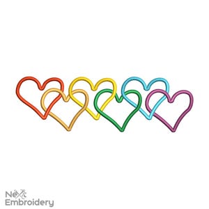 May include: Six interlocking hearts in a row, each a different color of the rainbow: red, orange, yellow, green, blue, and purple.