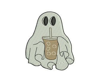 Little Ghost with Ice Coffee Embroidery Design. Halloween Ghost Embroidery Design, Boo Embroidery, Ice Coffee Machine Embroidery Files,