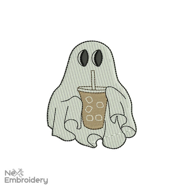 Little Ghost with Ice Coffee Embroidery Design, Halloween Ghost Embroidery Design, Boo Embroidery, Ice Coffee Machine Embroidery Files,