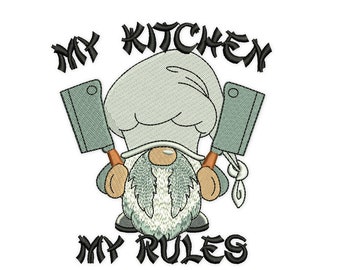 My Kitchen My Rules Embroidery Design, Gnome Embroidery Design, Tea Towel Embroidery File