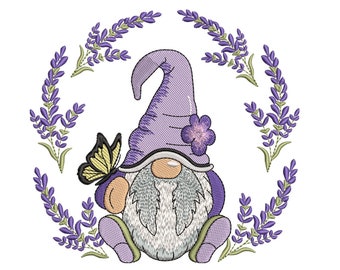May include: Purple gnome with a lavender flower on its hat, sitting in a wreath of lavender flowers. A yellow butterfly is perched on the gnome's arm.